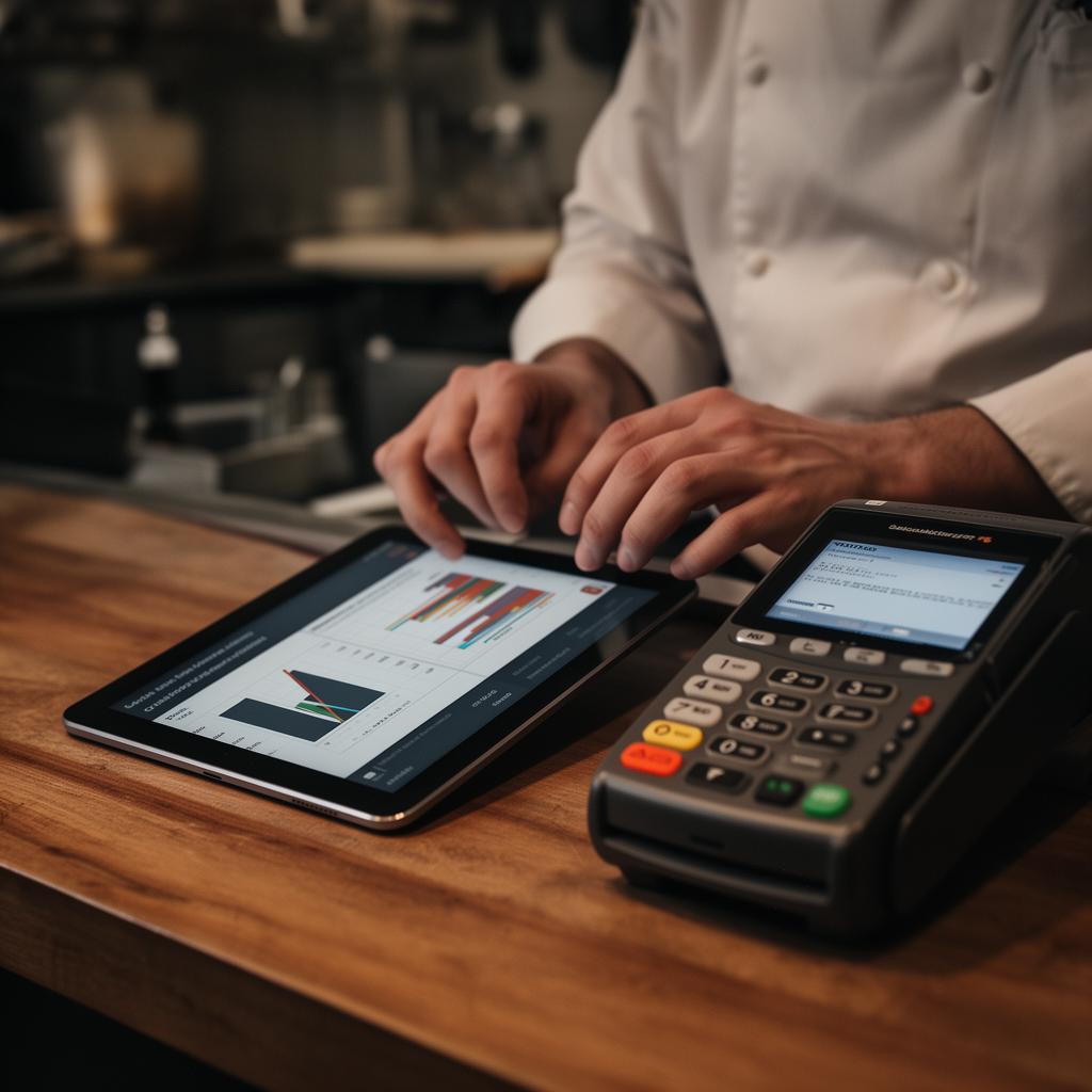 Operator reviewing financial reports beside a POS terminal